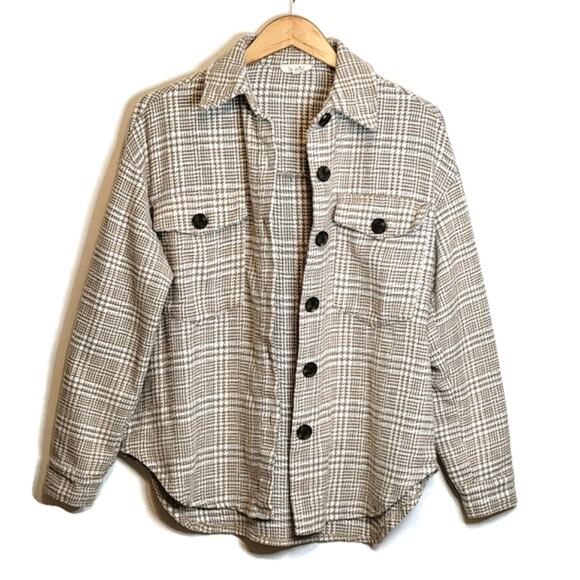 La Miel Plaid Tan Shacket Cozy Casual Fall Layering Button Down Shirt S - Picture 7 of 12